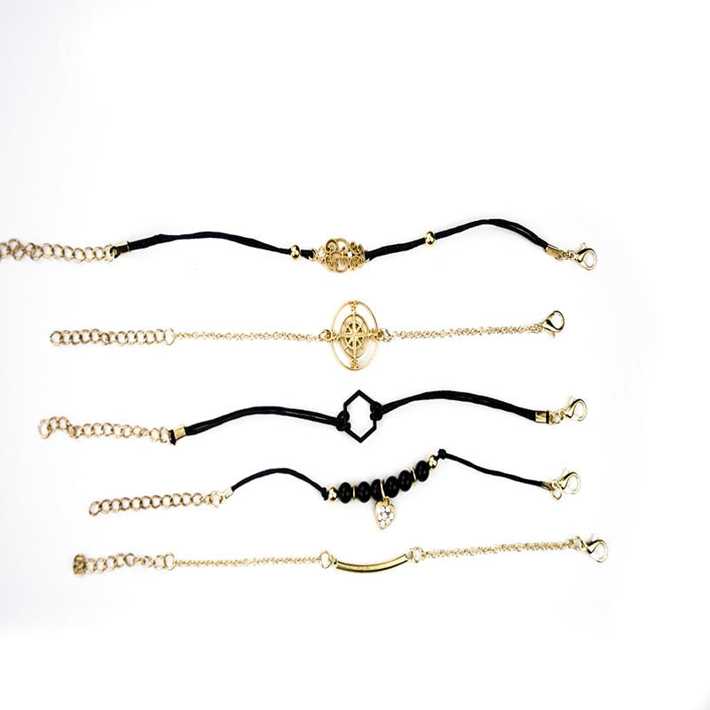Beyprern Back To School Bohemian Black Beads Chain Bracelets Bangles For Women Fashion Heart Compass Rope Chain Bracelets Sets Jewelry 2022 Gift