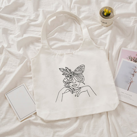 Cotton Linen Women Canvas Shoulder Bags Eco Friendly Shopping Bag Literary Art Vintage Handbag Tote Large Butterfly Gift Bag
