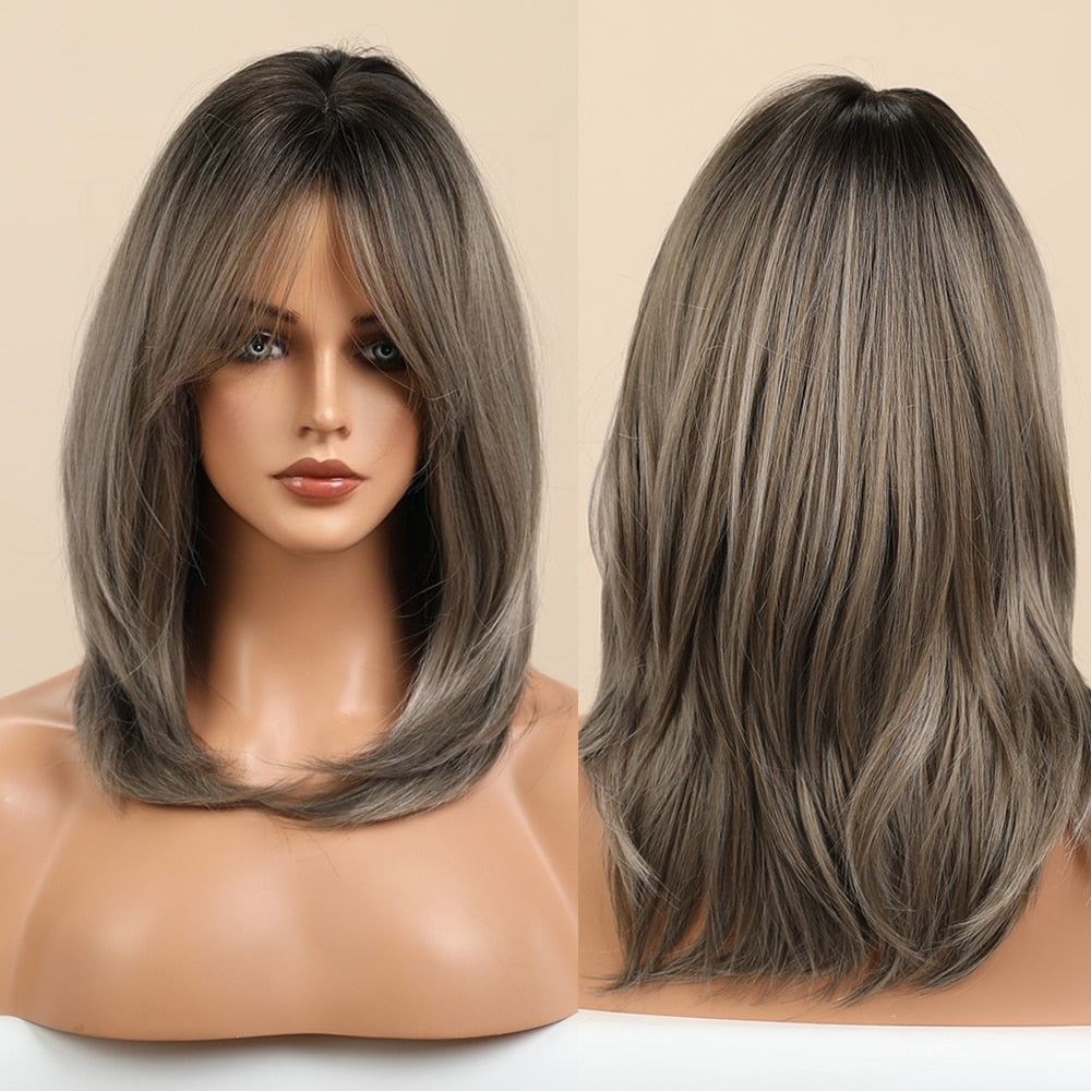 Black Friday Big Sales Synthetic Wigs Long Straight Layered Hairstyle Ombre Black Brown Blonde Gray Gray Ash Full Wigs With Bang For Women Hair