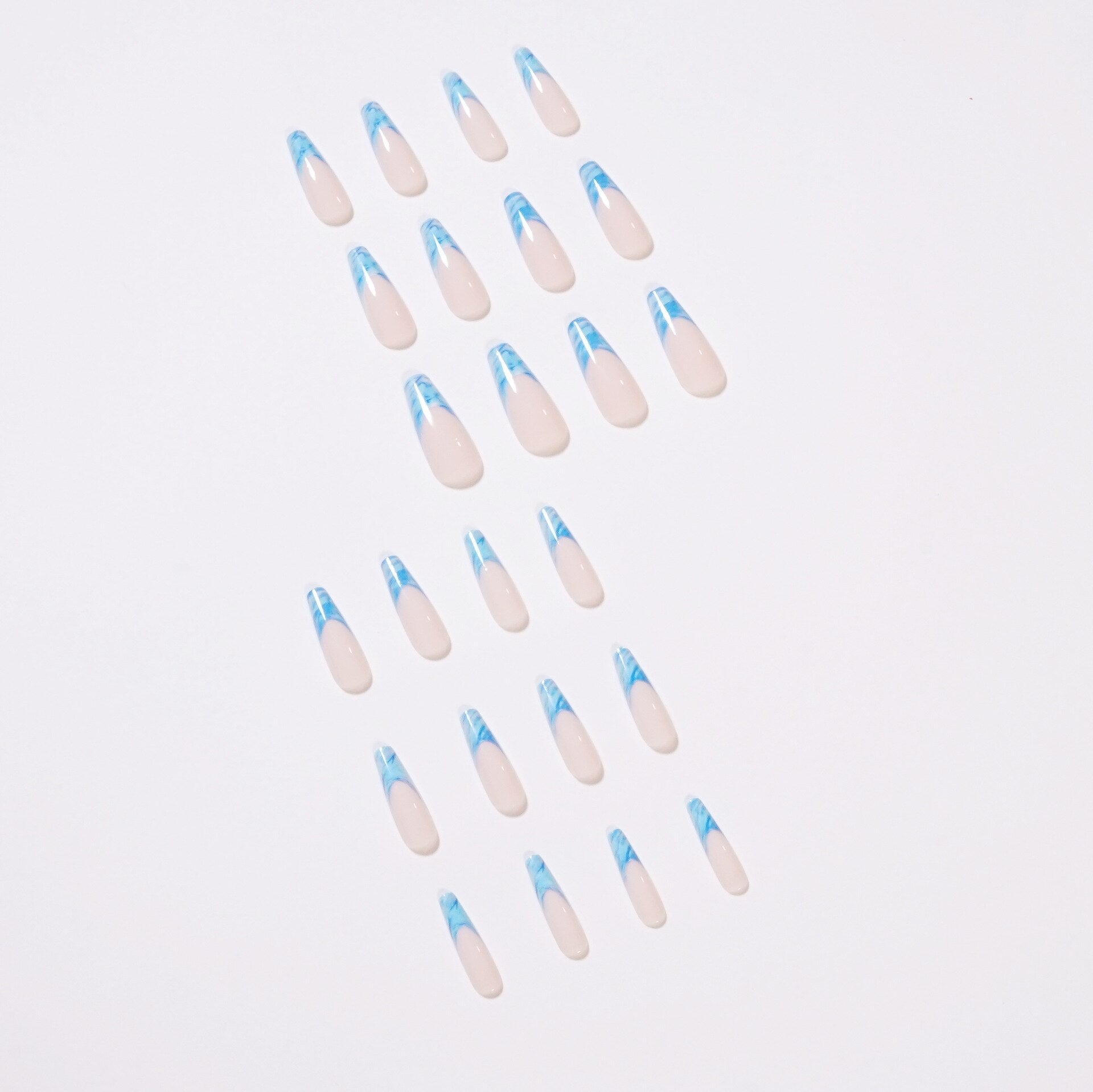 24Pcs/Set Long Coffin Blue Waves Design False Nail French Full Cover Fake Nails Glue DIY Manicure Nail Art Tools Detachable
