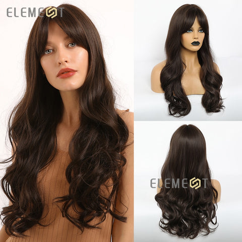 Black Friday Big Sales Long Dark Brown Hair Wigs For White Black Women Body Wave Synthetic Natural Looking Cosplay Party Daily Wig With Bangs