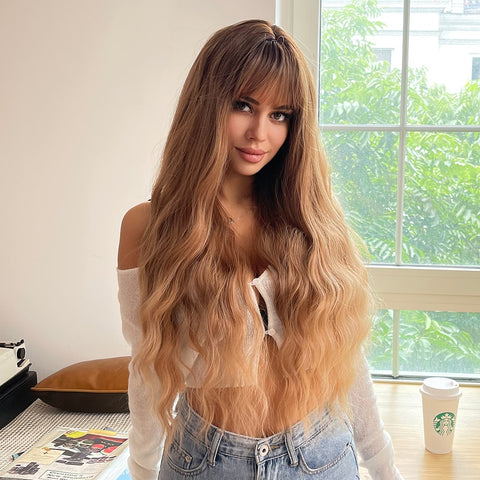 Cyber Monday Big Sales Brown Ombre To Blonde Long Water Wave Wigs With Bangs For Women Synthetic Hair Natural Party Heat Resistant