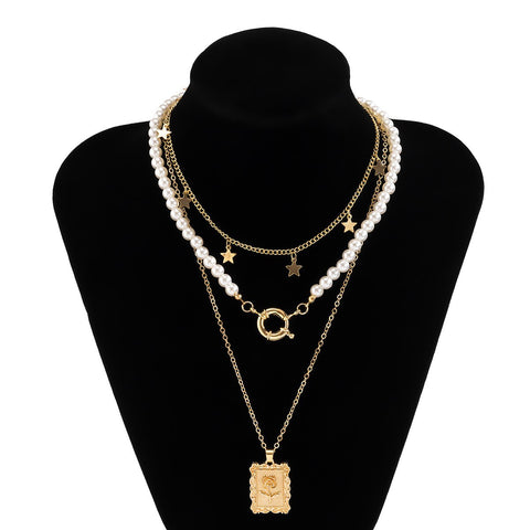 DIEZI Fashion Imitation Pearl Choker Chain Necklace Korean Rose Flower Star Suare Pendant Necklaces Women Statement Jewelry