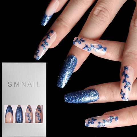 24pcs Khaki Dye Matte Frosted Fake Nails stiletto Dark Blue Color Pointed Head Long Style Wearable ABS Resin Finished Fingernail
