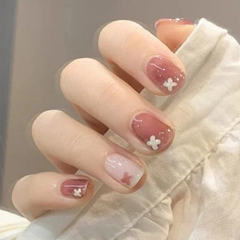Beyprern 24pcs/box Middle length Ballet nude pink Color false nails with design with heart pattern artificial nails with jelly glue