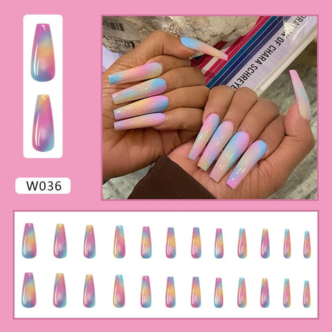 Thanksgiving Day Gifts W036 Pastel Rainbow Long Press On Nails Glossy Stick On Fake Nails Tips Faux Ongles