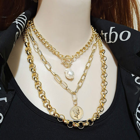 DIEZI Multilayer Baroque Pearl Chain Necklace Statement Party Gift Carved Coin Human Head Pendant Necklaces 2021 New Jewelry