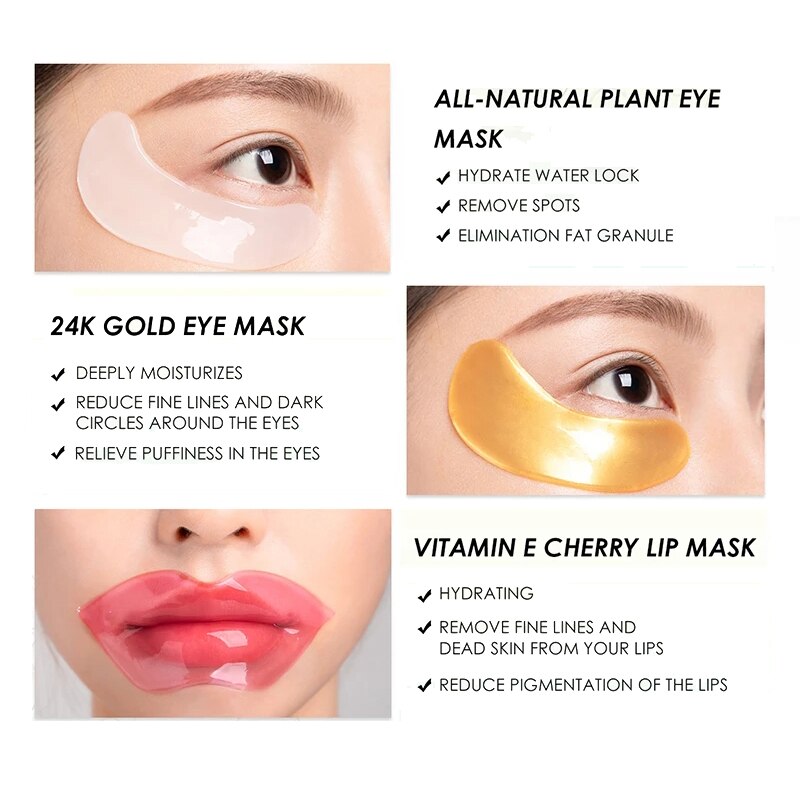 Lip Eye Mask Combination 4pcs Moisturing Nourishing Lips Mask 4Pairs Collagen Anti-Aging Wrinkle Dark Circles Eye Patch Skincare