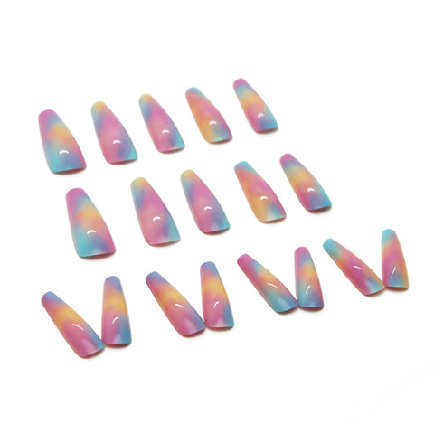 Easter  24pcs Rainbow fake nails with designs Long Coffin Ballerina False Nails Press On Nails with Glue Manicure Nail Accessory Tips