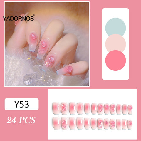 Beyprern Press On Nails Free Shipping 24Pcs Translucent Pink False Nails Glossy Glitter Nail Tips For Girls Artificial Full Cover Nails