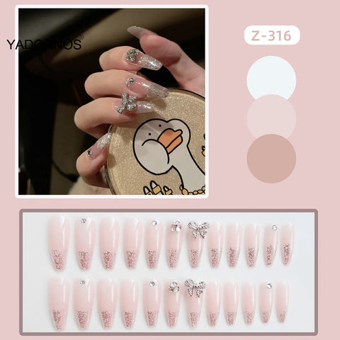 Beyprern 24Pcs Fake Nails With Rhinestones Decorated Wearable Full Cover Nails With Glitter Medium Coffin Press On Nails Free Shipping