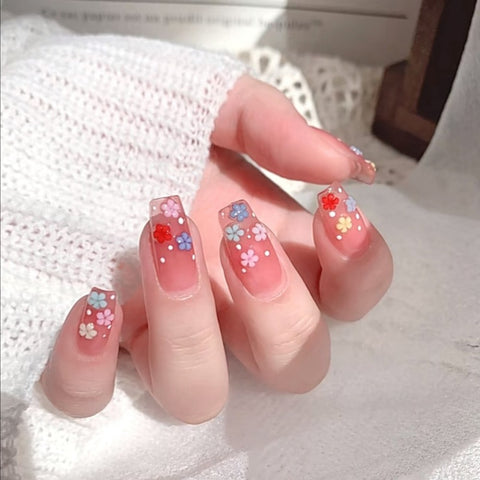 Press On Acrylic Nails Colorful Floral Japanese Nails Mid-length Press On Nail Elegant Fingernail Sticker Full Cover Nail Tips