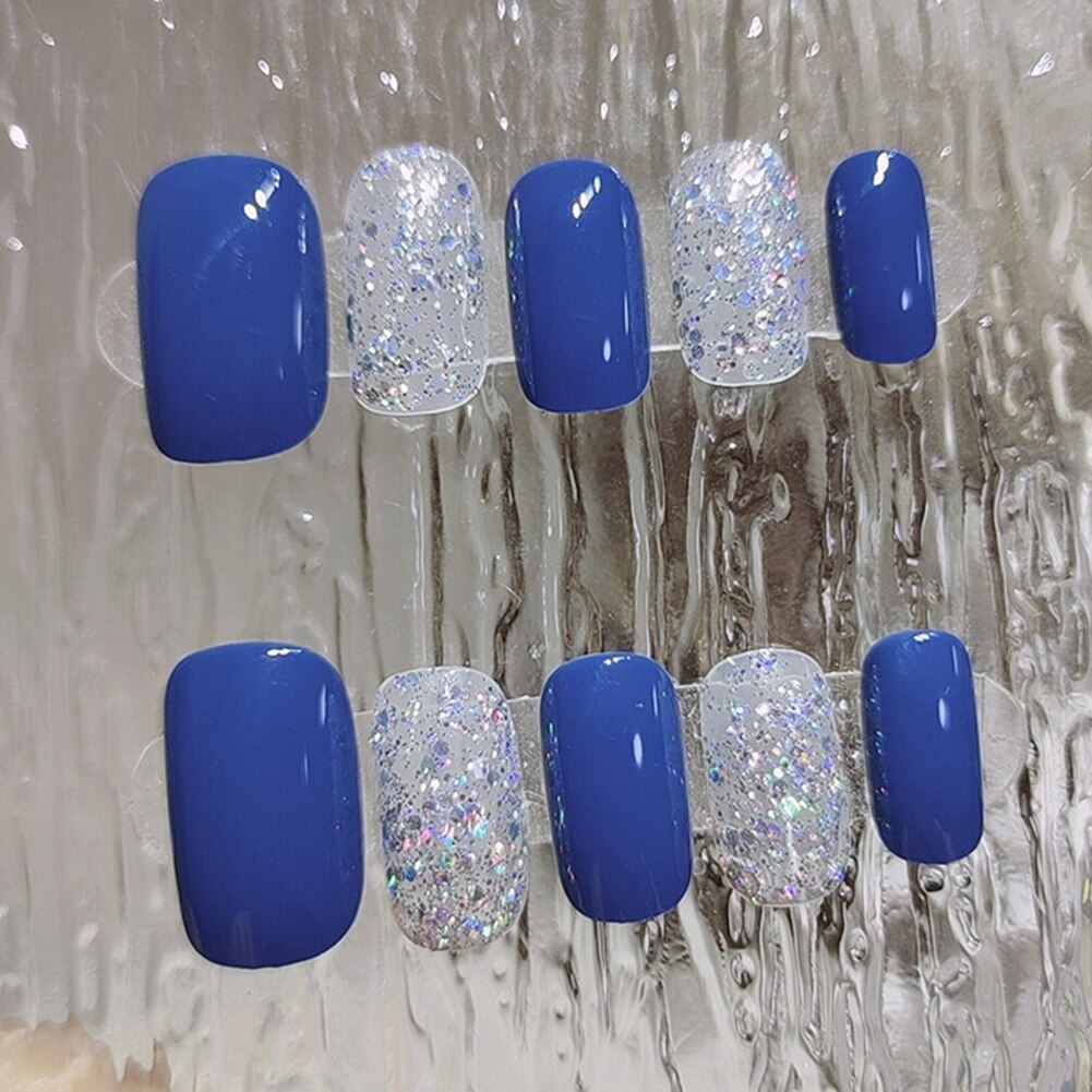 Square Nail Tips Glossy False Nails Blue Sparkle Art Design Full Cover False Fingernails Free Shipping Press On Nails