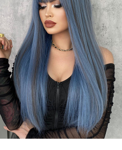 Cyber Monday Big Sales Fashion Women Synthetic Wigs With Bangs Mermaid Blue Color Long Straight Wigs Cosplay Fake Hair Natural Heat Resistant Wigs