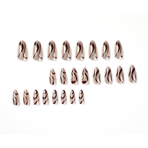 Beyprern 24Pcs Almond Brown Wave Stick On Nails Gold Glitter Press On False Nails Detachable Reusable Fake Nails Manicure Full Cover Tips