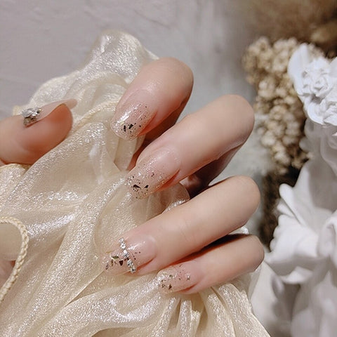 Japanese Nails 24PCS Fake Nails With Glitter Shiny Rhinestones Nail Acrylic Sweet  Full Coverage Press On Nails Free Shipping
