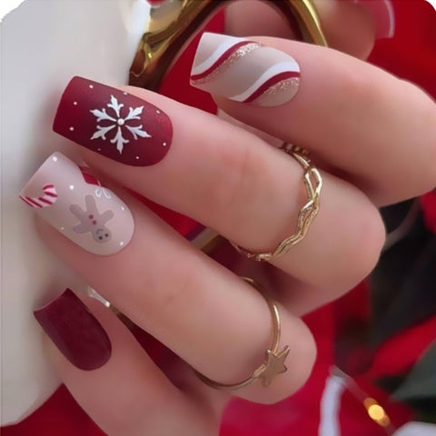 Beyprern Christmas gifts 24Pcs Christmas Long Ballerina Coffin False Nails Xmas Snowflake Full Cover Press On Fake Nails 2022 New Year Manicure Tips