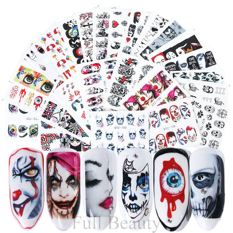 Beyprern Halloween 25Pcs/Set Halloween Water Sticker Clown Face Eyes Retro Skull Head Nail Slider Transfer Decals Decoration Manicure TRSTZ731-755