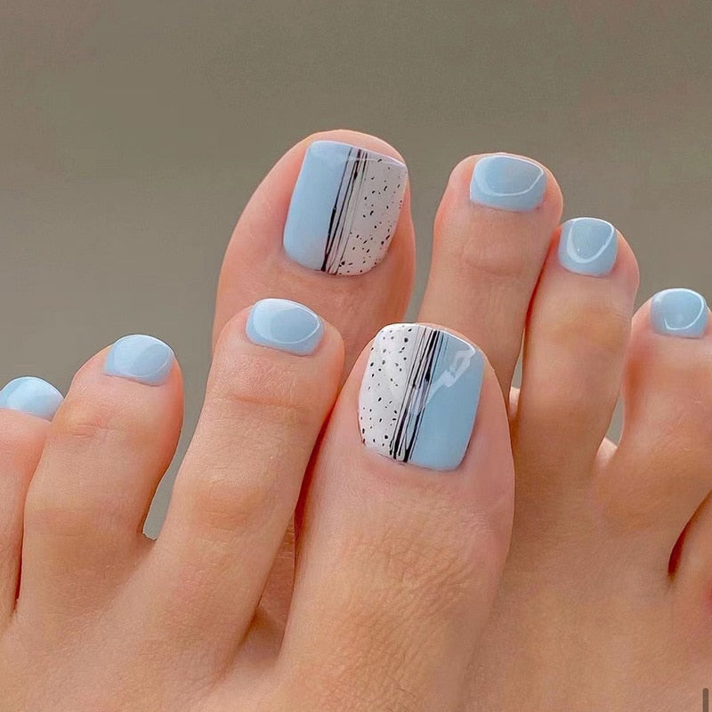 Nail For Foot 24Pcs Blue Color Fake Nails Feet Summer False Toenails For Women Girl Free Shipping Toe Nail Acrylic Set 2022