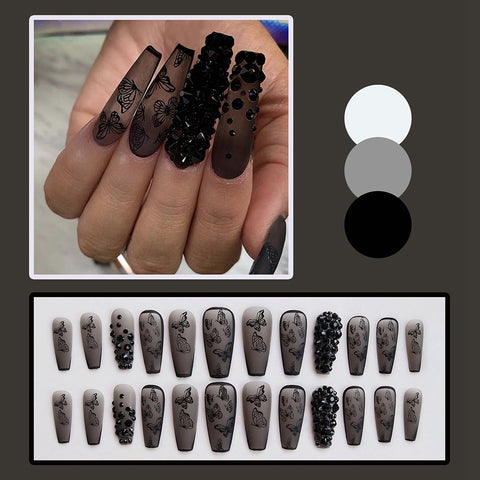 Beyprern 24Pc Press On Nails Long Coffin Butterfly Wearable False Nails Full Cover French Ballet Fake Nails Black Rhinestone Art Nail Tip