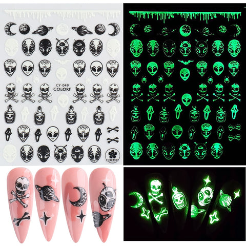 Beyprern Halloween Nail Stickers 3D Decals Spider Web Skull Bone Cat Pumpkin Black White Nail Art Sliders Foils Manicure Tattoo TRJO1887