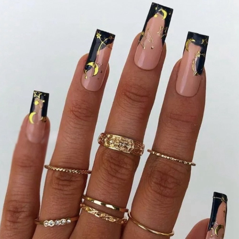 Beyprern Black French Pattern Design Fake Nails With Gold Lines Long Ballet Coffin Detachable Full Cover Press On False Nail Art Tips