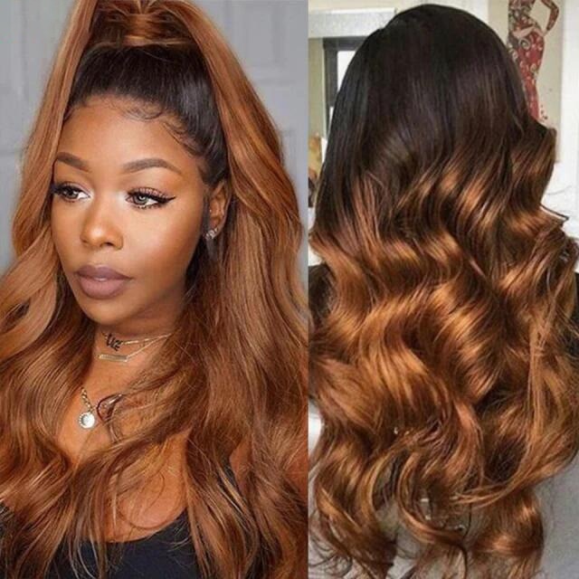 Beyprern 30 32 34 36 Inch Ombre Body Wave Lace Front Wig 13X4 Human Hair Lace Front Wigs 1B 27 1B 30 Honey Blonde Colored Wavy Lace Wig