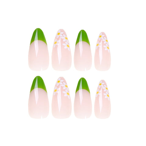 24pcs Artificial False Nails Green Daisy Flowers Decorated Almond Fake Nail French Wearable Girl Manicure Decal Art
