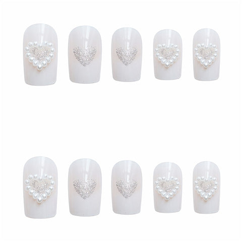 Thanksgiving Day Gifts 24Pcs/Set Mid-Length White Artificial Nail Press On Nails Cute Pearl Shinty Heart Design Fake Nails With Glue Press On For Girls