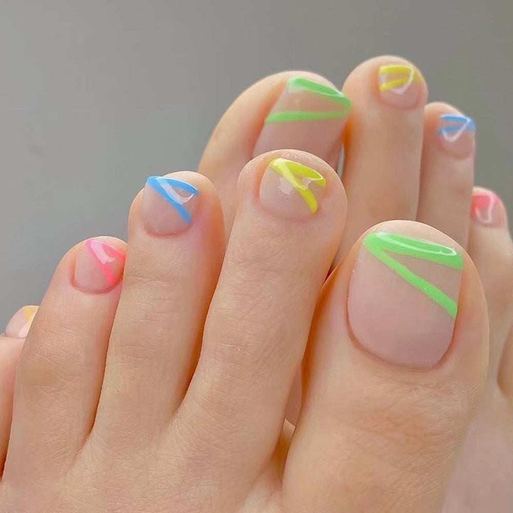 Thanksgiving Day Gift 24Pcs Fake Toe Nails Colorful Lines French Foot Nail Stickers Summer Detachable Press On False Toenails Manicure Feet Nail Tips