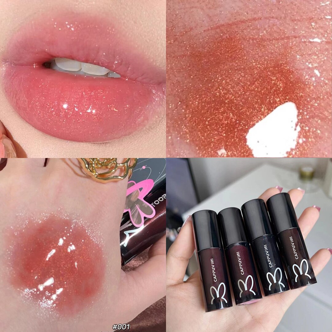 Beyprern Black Tube Glossy Lip Gloss Moisturizing Lip Plumper Makeup Glitter Shiny Flash Lip Oil Clear Liquid Lipstick Fades lip lines
