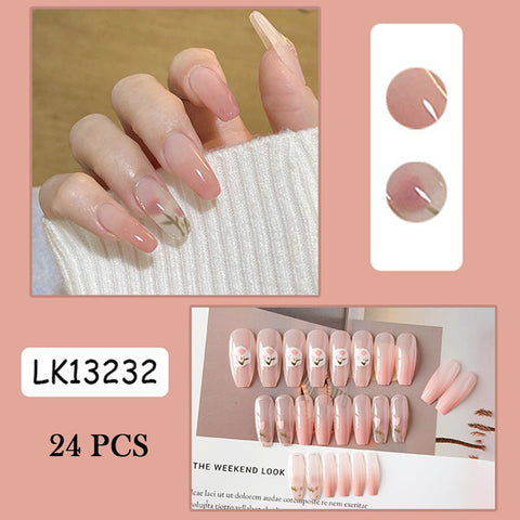 24pcs Pressed On Nails Pink Tulip Design Sweet Style Full Coverage Nails Artificial Nails Removable  Items For Business