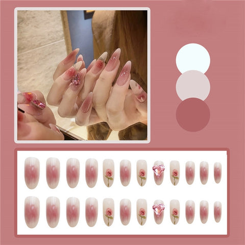 Beyprern 24Pcs/Box Detachable Coffin False Nails Red Heart Design Wearable Long Ballerina Fake Nail With Bow Almond Line Full Cover Nail