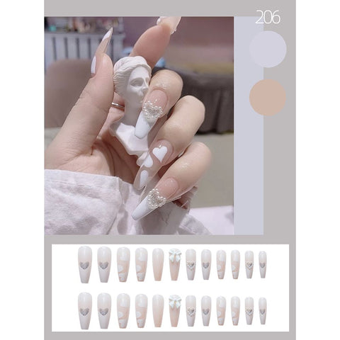 Beyprern 24Pcs Simple Heart Pearl French Long Coffin False Nails With Designs Artificial Nails Tips Ballet Bow Glue Press On Nail