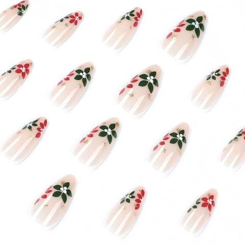 Beyprern Christmas False Nails 24Pcs Green And Red Flower Press On Nail Design Nail Art Stick On Holiday Fake Nails Detachable Wear Nails