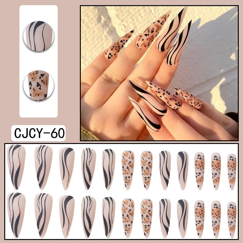 24pcs Long Stiletto False Nails Flower Tree Wearable French Fake Nails Press On Nails Leopard print Design Manicure Tips