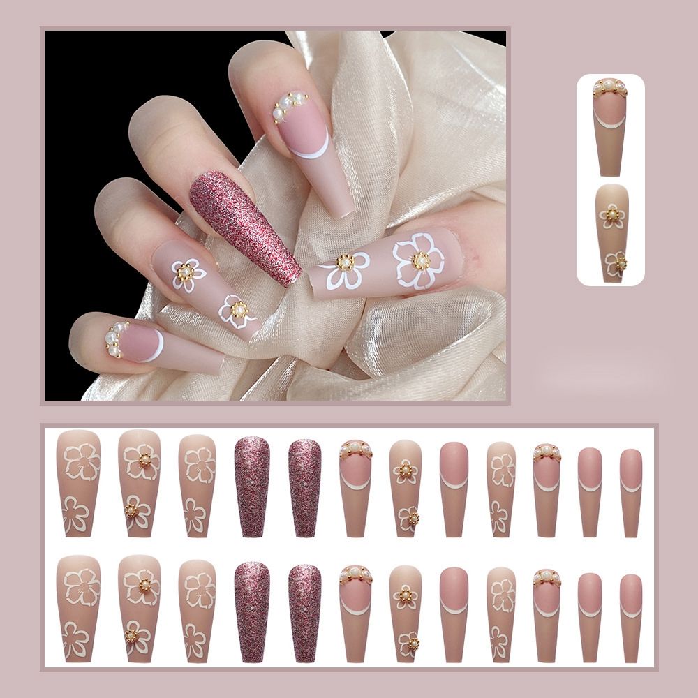 Easter  24Pcs Long Faux Pearl Design Ballet Coffin Fake Nails Cute Flowers Artificial Plastic Press On False Nail Tips Manicure Nail Art