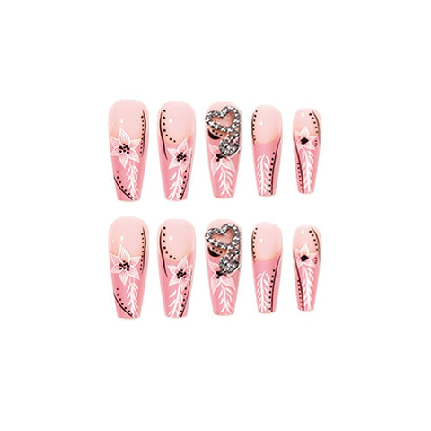 Beyprern 24Pcs Long Coffin Press On Nails Pink French Flower False Nails Heart Rhinestones Manicure Ballerina Fake Nails Luxury Nail Art
