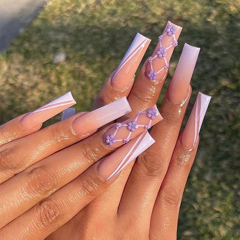Beyprern Press On Nails Long Coffin With Butterfly Flower Design False Nails Wearable French Ballerina Fake Nails Full Cover Nail Tips
