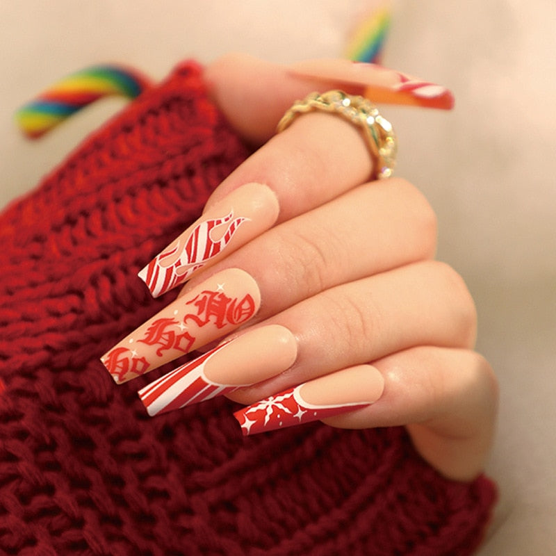 Beyprern 24Pcs Wearable Manicure Flame Snowflake Christmas Red Press On Nails Long Coffin False Nail Detachable Ballerina Fake Nail Tips