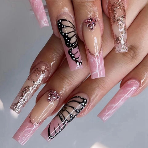 Beyprern Pink Marble Smudge False Nails Glitter Rhinestone Butterfly Design Long Coffin Ballet Press On Nails Detachable Fake Nail Tips