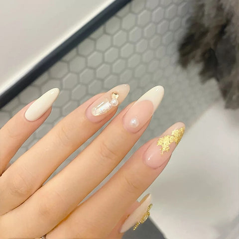 Thanksgiving Day Gifts 24Pcs/Box Hairband Bow Pearl Fake Nails Long Pointed Gold Foil French Style Press On Nails False Nails With Glue Finger Tip Art