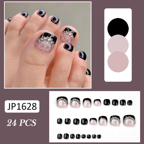 Thanksgiving Day Gifts 24Pcs Fake Toe Nails White Flower Black French Glitter Diamond Summer Detachable Press On False Toenails Manicure Feet Nail Tips