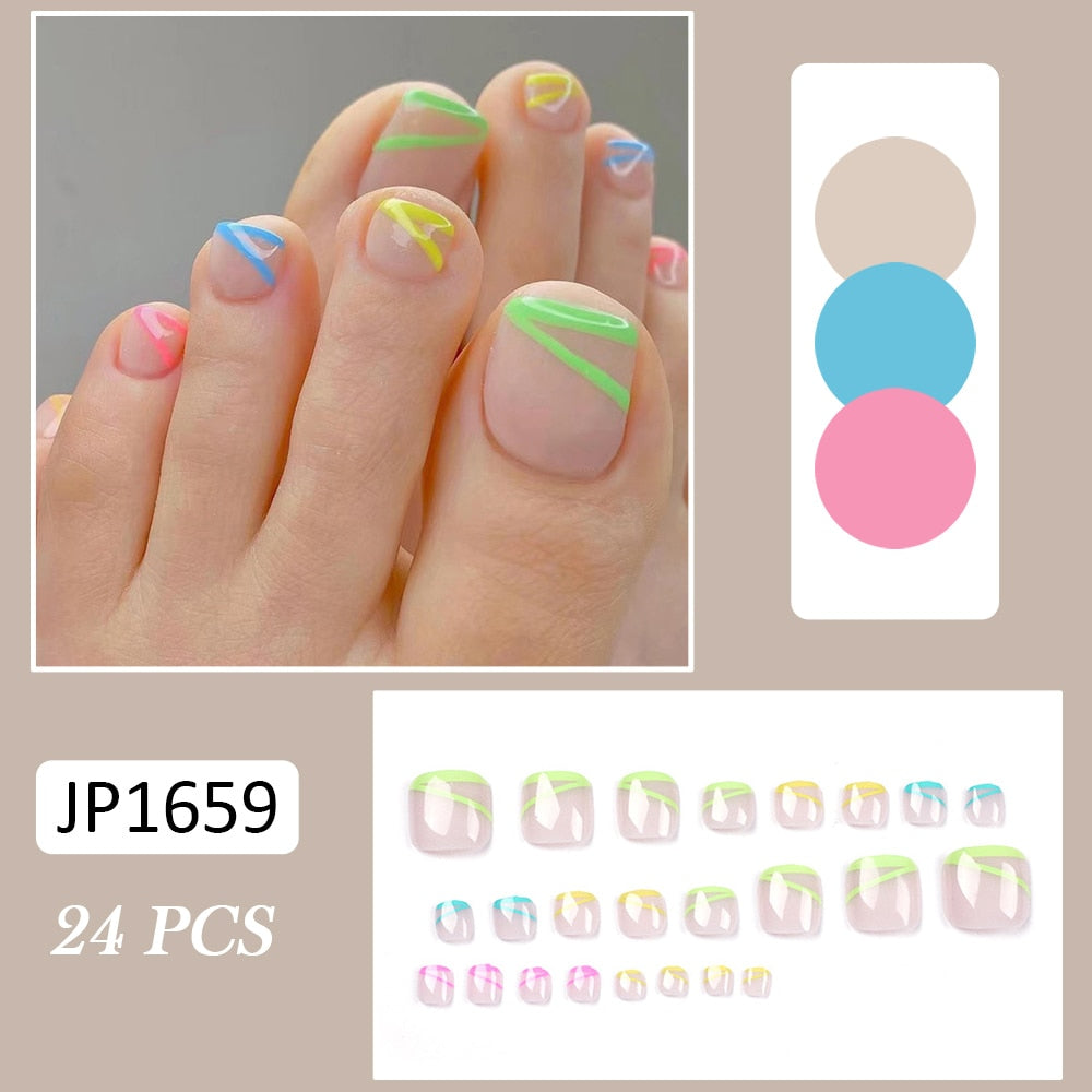 Thanksgiving Day Gift 24Pcs Fake Toe Nails Colorful Lines French Foot Nail Stickers Summer Detachable Press On False Toenails Manicure Feet Nail Tips