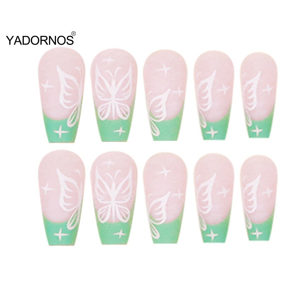 Full Cover Gel Nail Tips 24pcs Press On False Nails Butterfly Print Square Manicure For Women & Girls With Jelly Gel