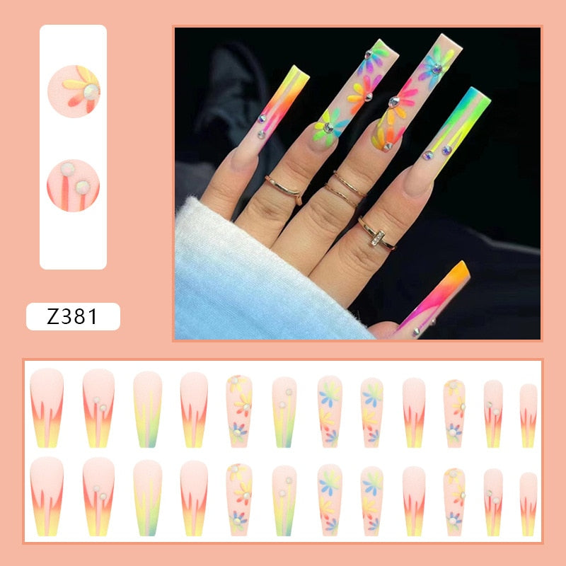 Beyprern 24Pcs Full Cover False Nails With Glue Extra Long Ballerina Coffin Detachable Fake Nails Flower Design Press On Nails Manicure