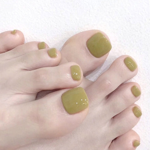 Thanksgiving Day Gift 24Pcs Matcha Green False Toe Nails Press On Toenails Removable Short Glitter Faux Ongles Manicure French Fake Nail Tips For Feet