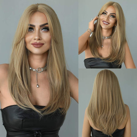 Beyprern Synthetic Lace Front Wigs For Women Straight Wig With Bangs HD Blonde Natural Heat Resistant Hair For Cosplay Daily Use