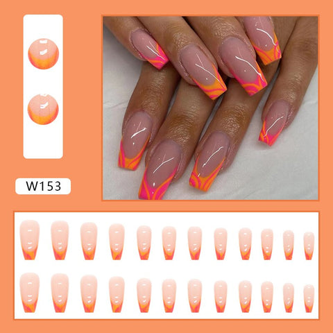 Beyprern Orange French Nails Press On Set With Designs