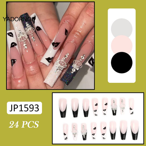 Easter  24PCS Long Press on Nails Cute Black Lip Print Full Coverage Artificial Nails Finished Nail Piece 24PCS Best Gifts Fake Nails TY